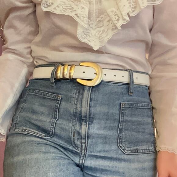 Vintage Liz Claiborne Large Fullgrain Leather Semi Aniline Ivory Gold Belt - Picture 1 of 6